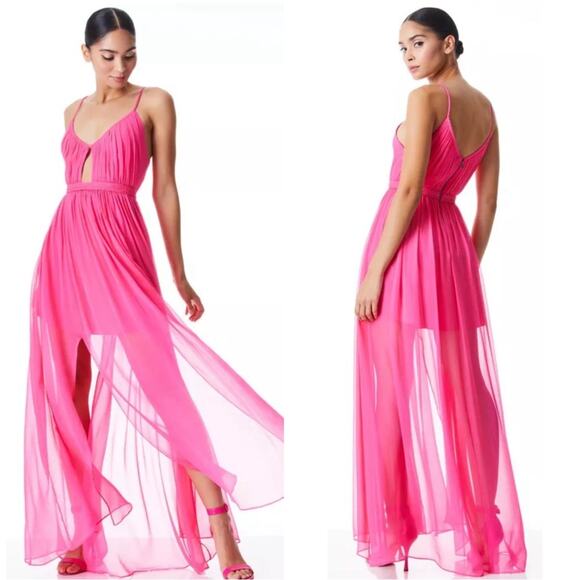 Alice + Olivia Tamar Silk Cutout Slit Braided Wild Pink Maxi Dress Size 2 - Picture 2 of 12